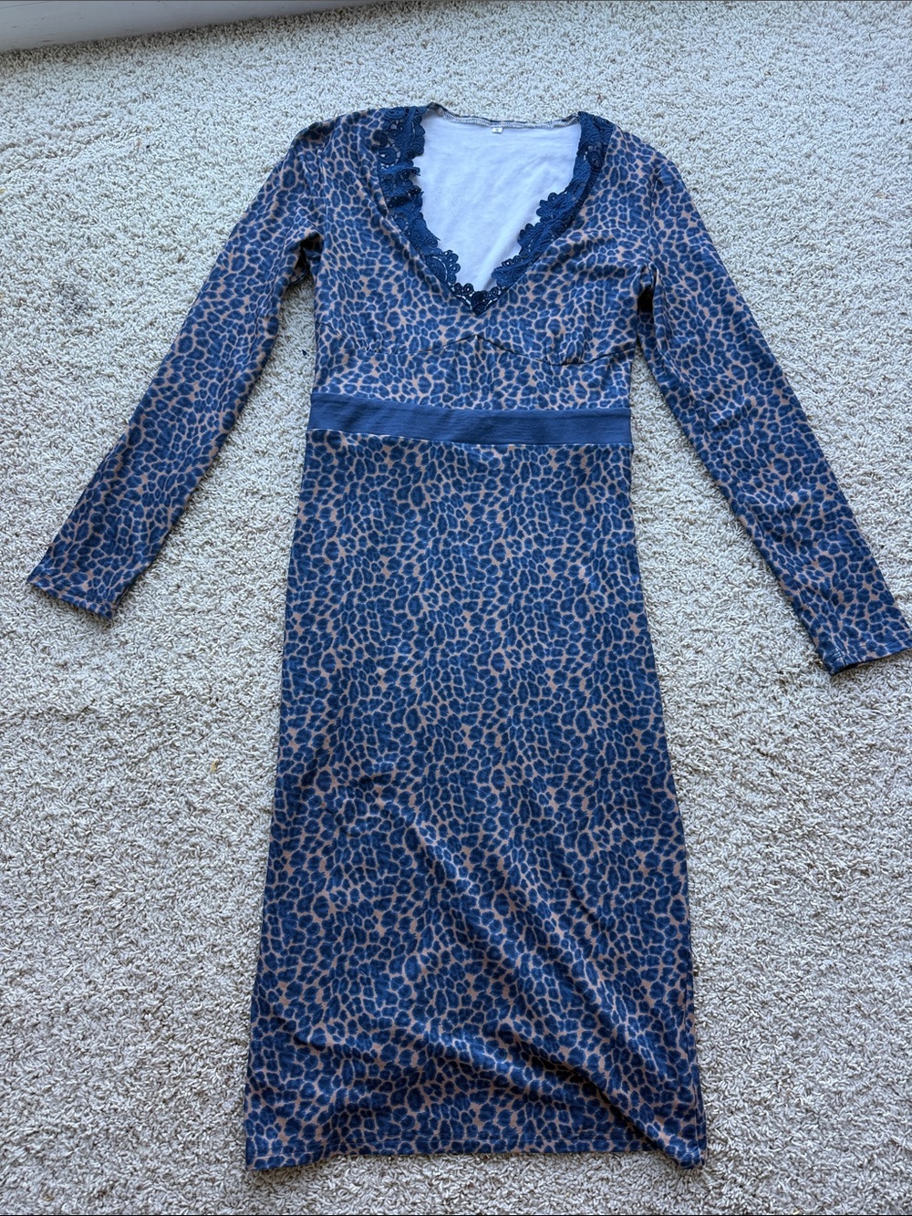 Navy and Tan Leopard Print Long Sleeve Wrap Dress